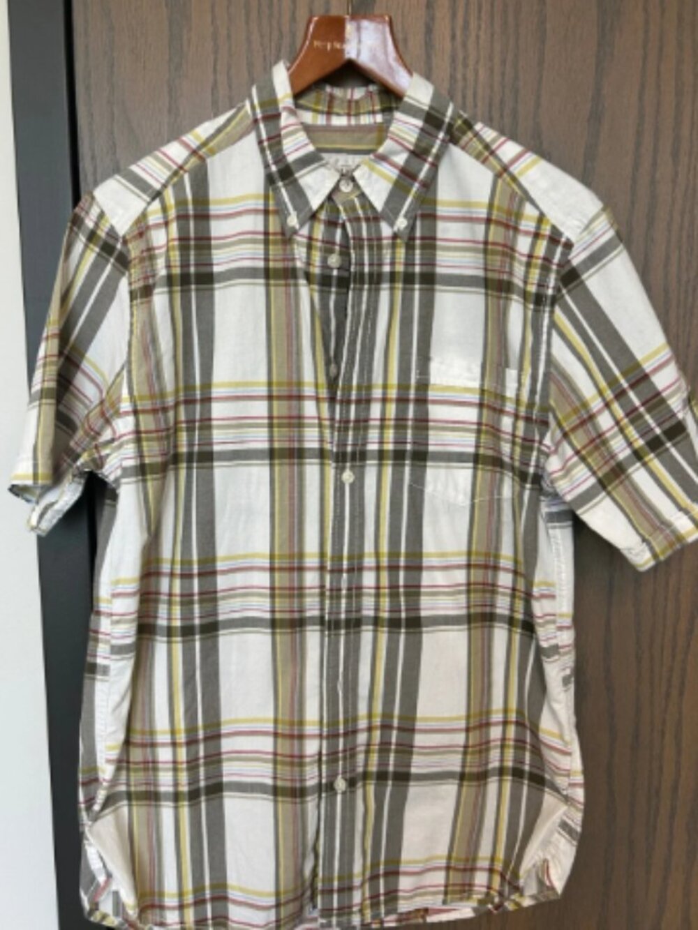 Old Navy Olive, White & Yellow Plaid Short-Sleeve Button-Down Shirt